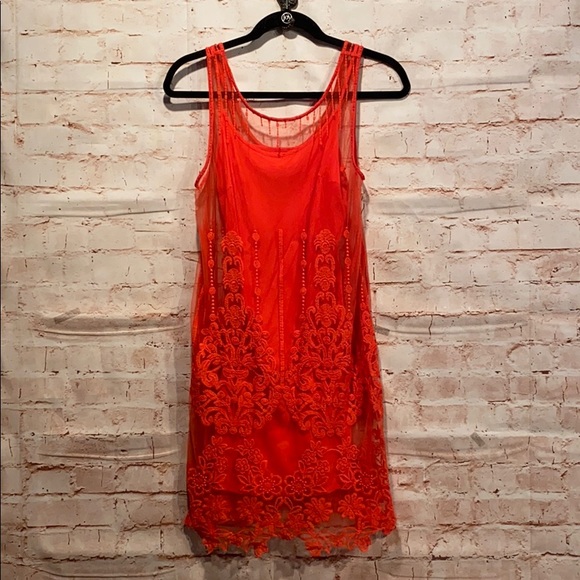 Free People lace overlay shift dress XS red slip - Picture 1 of 8